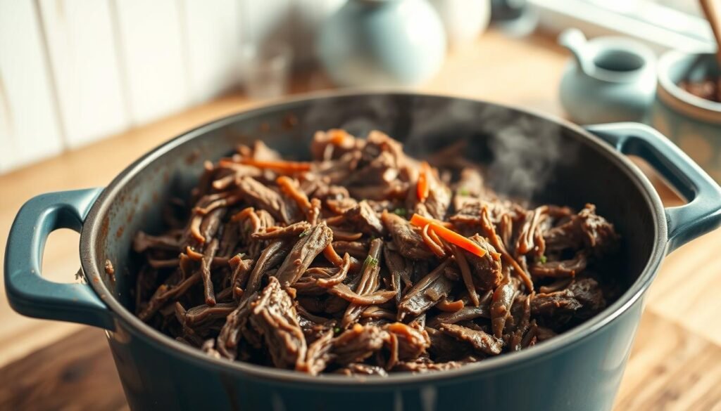 A hearty and appetizing pulled beef recipe, slow-cooked to perfection in a cozy, minimal kitchen with warm wooden textures and light blue accents. The beef, seasoned with a blend of aromatic spices, shreds effortlessly, revealing its succulent, melt-in-your-mouth texture. Steam gently rises from the simmering pot, hinting at the rich, savory flavors within. The scene is bathed in soft, natural lighting, creating a comforting and inviting atmosphere, perfect for a delicious family-style meal.