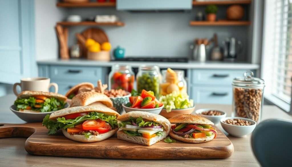 A high-resolution photograph of a cozy, modern kitchen showcasing an assortment of innovative cold lunch ideas for the workday. In the foreground, a wooden cutting board displays a variety of artisanal sandwiches, colorful salads, and gourmet snacks. In the middle ground, glass jars filled with fresh fruits, nuts, and seeds add pops of vibrant color. Soft, natural lighting filters through the kitchen's light blue accents, creating a warm and inviting atmosphere. The overall scene conveys a sense of refined sophistication and healthy, elevated workday dining.