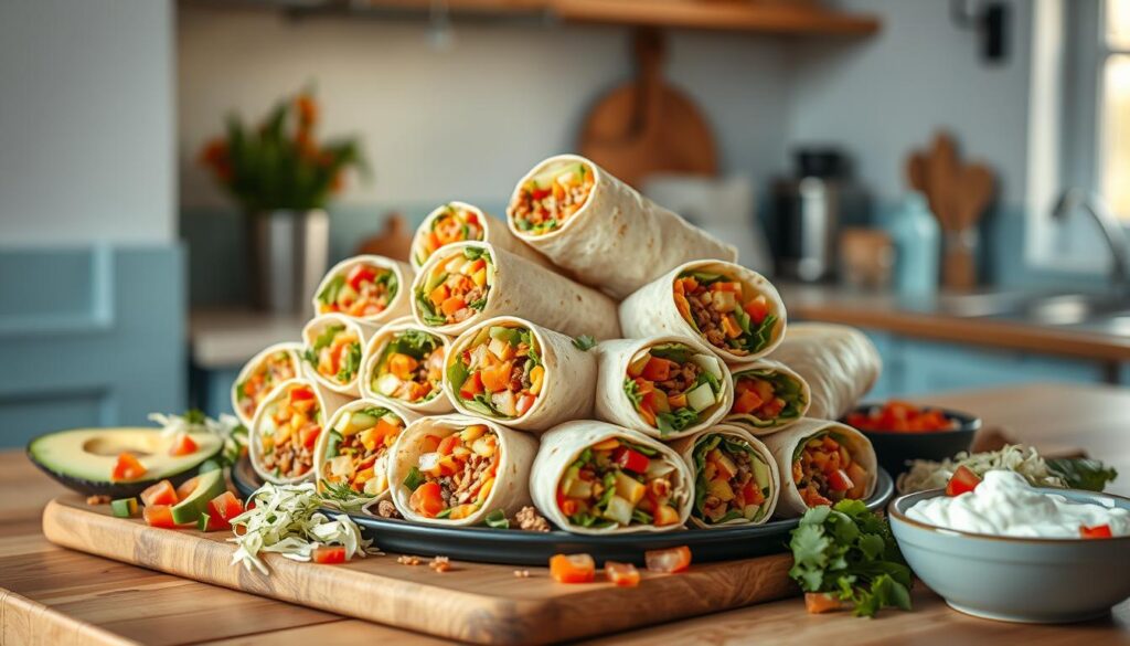 A large platter of freshly prepared burritos, wrapped in soft, warm tortillas and filled with an array of authentic Mexican ingredients. The burritos are arranged on a wooden countertop, surrounded by a variety of fresh toppings and accompaniments, such as sliced avocado, diced tomatoes, shredded lettuce, and creamy sour cream. The lighting is soft and warm, creating a cozy, inviting atmosphere in the minimal kitchen with its light blue accents and natural wood textures. The scene conveys a sense of homemade, family-style dining, perfect for scaling up to feed a crowd at a lively gathering or fiesta night.