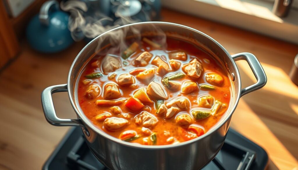A large pot of aromatic, steaming curry simmers on the stove, its vibrant hues of orange, red, and green creating a captivating scene. Chunks of tender chicken, sliced vegetables, and a creamy coconut milk base fill the vessel, emanating a tantalizing aroma. The kitchen is bathed in warm, natural light, the wooden countertops and minimalist blue accents providing a cozy, inviting atmosphere. No hands are visible, allowing the curry to take center stage as the star of this international flavor exploration. The image captures the essence of a hearty, homemade batch meal, ready to be shared and enjoyed by the whole family.