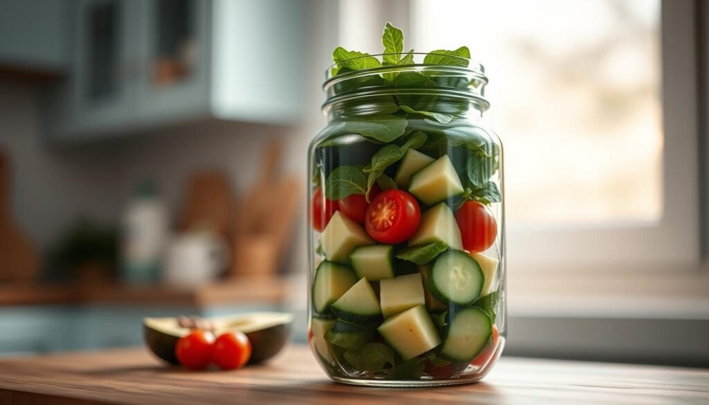 A layered glass jar showcases an artful arrangement of fresh greens, juicy cherry tomatoes, crisp cucumber slices, and velvety avocado cubes. The layers are carefully assembled to highlight the vibrant colors and textures, creating a visually appealing and appetizing presentation. Soft, diffused lighting from a nearby window casts a warm glow, accentuating the lush, natural hues. The minimal, Scandinavian-inspired kitchen setting, with its wooden surfaces and light blue accents, provides a serene and inviting backdrop, allowing the jar salad to take center stage.