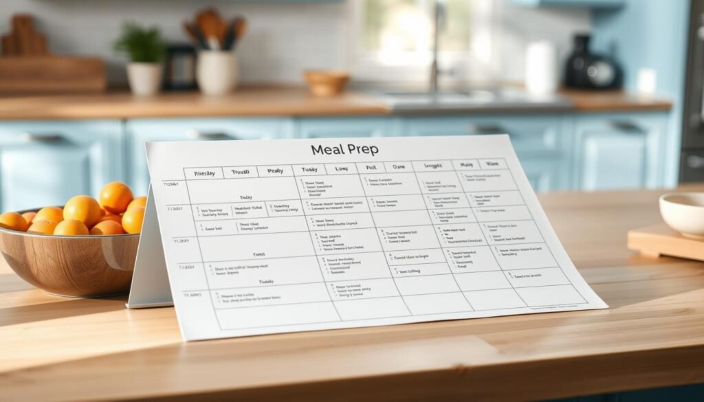 A meal prep schedule neatly arranged on a wooden kitchen counter, with a minimalist aesthetic and light blue accents. The schedule is presented in a clean, organized manner, featuring columns for each day of the week and rows for breakfast, lunch, and dinner. Ingredients and portion sizes are clearly outlined, with icons or symbols to denote dietary restrictions. The scene is softly lit, creating a calming and inviting atmosphere, as if captured through a wide-angle lens. The overall impression is one of efficiency, practicality, and attention to detail - a visual representation of a well-planned and organized meal prep routine.