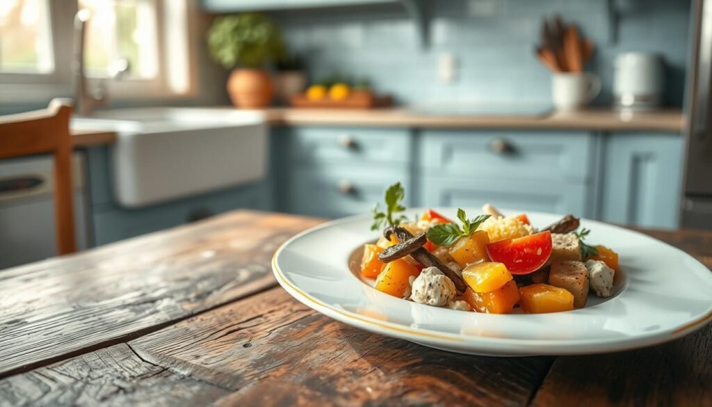 A meticulously arranged plate rests on a rustic wooden surface, showcasing a visually captivating plate presentation technique. The dish features a harmonious balance of colors, textures, and shapes, with each element thoughtfully placed to create a visually appealing and appetizing composition. Soft, natural lighting casts a warm glow, highlighting the intricate details and creating a sense of depth and dimension. The minimal, light blue accents in the kitchen provide a serene and inviting backdrop, allowing the plate to take center stage. The overall atmosphere conveys a sense of culinary artistry and attention to detail, perfectly suited for the 