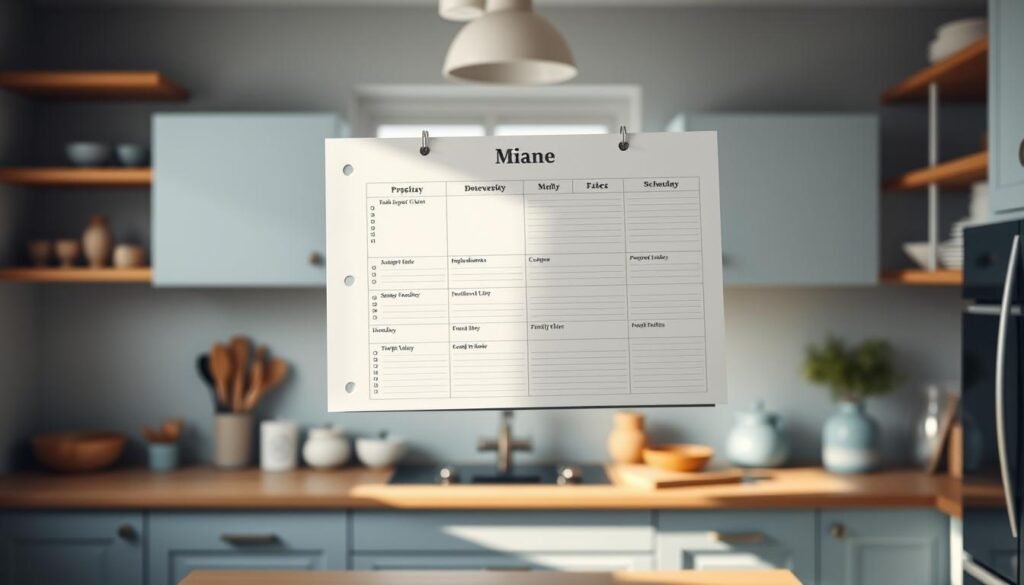 A meticulously organized meal planner dominates the center of a cozy, minimalist kitchen. Wooden shelves and light blue accents create a warm, inviting atmosphere. Recipes, ingredient lists, and weekly schedules are neatly arranged, showcasing a thoughtful, streamlined approach to family meal planning. The planner appears to float effortlessly, its crisp layout and clean design hinting at the efficiency and control it brings to the heart of the home. Soft, natural lighting casts a gentle glow, emphasizing the sense of order and tranquility within this culinary command center.