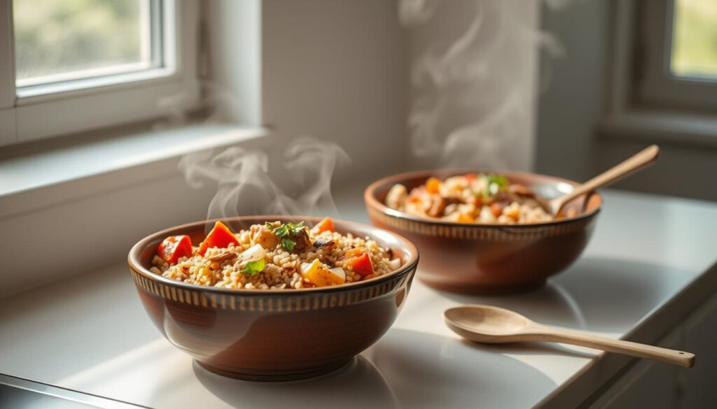 A minimalist kitchen bathed in soft, natural light. On the counter, two steaming ceramic bowls containing freshly reheated vegetarian meals - a hearty quinoa and roasted vegetable medley, and a colorful rice and bean dish, their vibrant hues and textures beckoning. The air is filled with the aroma of simmering spices and herbs. A simple wooden utensil rests nearby, ready to stir and serve. The scene exudes a sense of comfort and culinary care, inviting the viewer to savor a perfectly preserved, nourishing homemade meal.