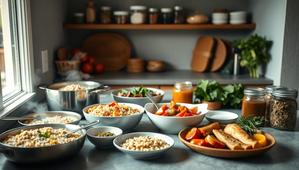 A minimalist kitchen countertop with an array of freshly prepared meal components laid out in a balanced, visually appealing arrangement. Steaming pots of grains, roasted vegetables, and lean protein sources, all bathed in warm, diffused lighting. Jars of herbs, spices, and homemade sauces neatly organized, hinting at the thoughtful preparation behind this nutritious batch cooking session. The overall scene conveys a sense of calm, efficiency, and a commitment to healthy, home-cooked family meals.