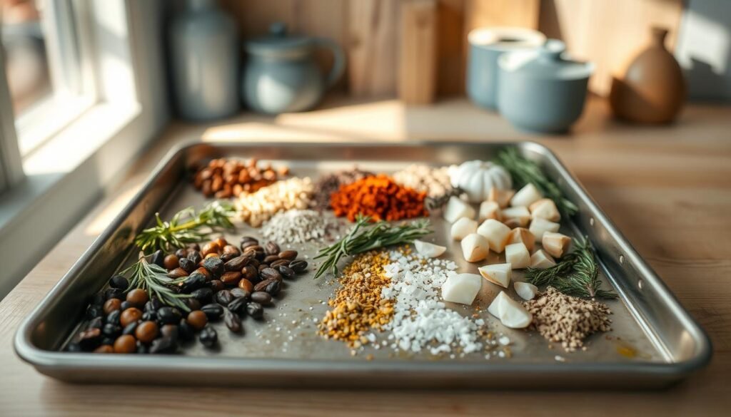 A minimalist kitchen filled with natural light, wooden textures, and light blue accents. On a sheet pan, various spices, herbs, and seasonings are arranged in an artful display - whole peppercorns, sprigs of rosemary, cubes of garlic, and pinches of sea salt. The pan is lightly dusted with a hint of olive oil, reflecting the soft illumination. The composition evokes a sense of culinary creativity and simple, yet flavorful, sheet pan meal preparation.