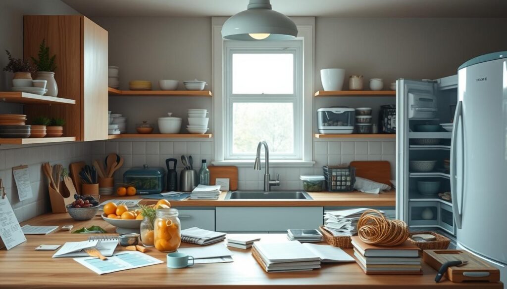 A minimalist kitchen filled with wooden textures and light blue accents. Countertops cluttered with partially used ingredients, scattered recipe cards, and an overflowing collection of meal planning notebooks. A dim overhead light casts a warm glow, highlighting the chaotic scene of meal planning challenges and the struggle to reduce food waste. Fridge doors left ajar, revealing a disorganized inventory of mismatched containers. The mood is one of frustration and the overwhelming sense of trying to manage a complex system of meal preparation.