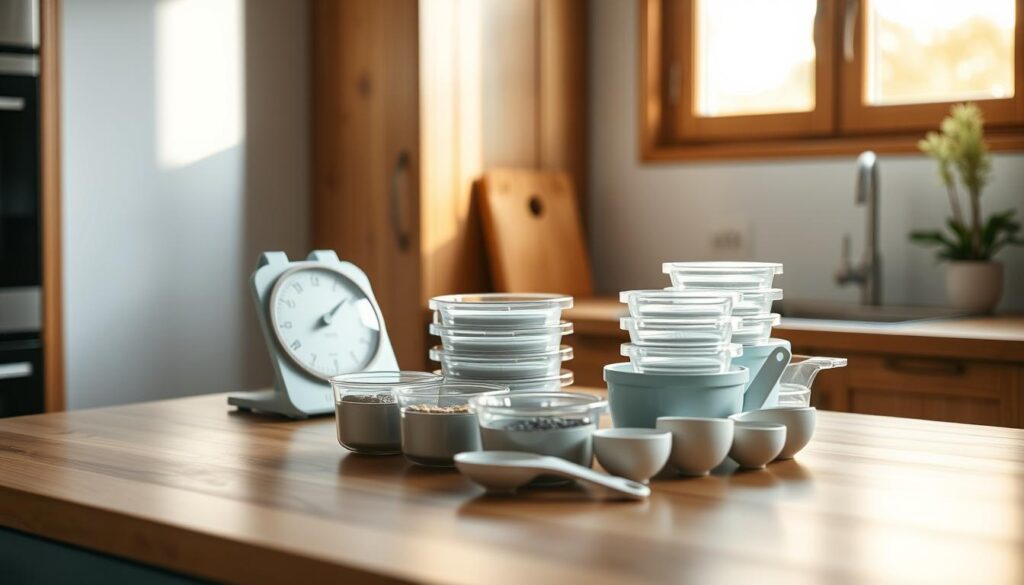 A minimalist kitchen interior with wooden textures and light blue accents. On the countertop, a series of portion-controlled dishes and measuring tools are displayed, including a food scale, individual containers, and a set of measuring cups and spoons. The scene is illuminated by natural light from a window, casting a warm, calming glow and highlighting the precise, organized arrangement of the portion control items. The overall atmosphere conveys a sense of mindfulness and efficiency in meal planning and preparation.