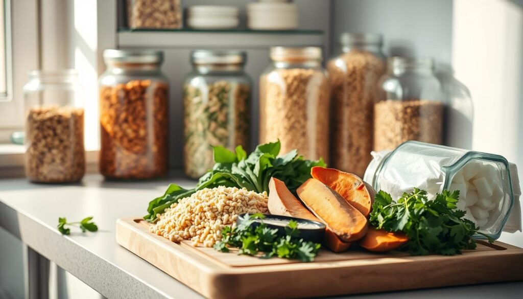 A minimalist kitchen scene featuring a selection of vegan meal prep basics. On a wooden cutting board, there are a variety of colorful vegetables - leafy greens, roasted sweet potatoes, quinoa, and fresh herbs. Glass jars filled with dried legumes, grains, and nuts line the shelves. Soft natural light filters in through a window, casting a warm glow over the scene. The overall atmosphere is one of simplicity, organization, and plant-based nourishment, setting the stage for a productive vegan meal prep session.