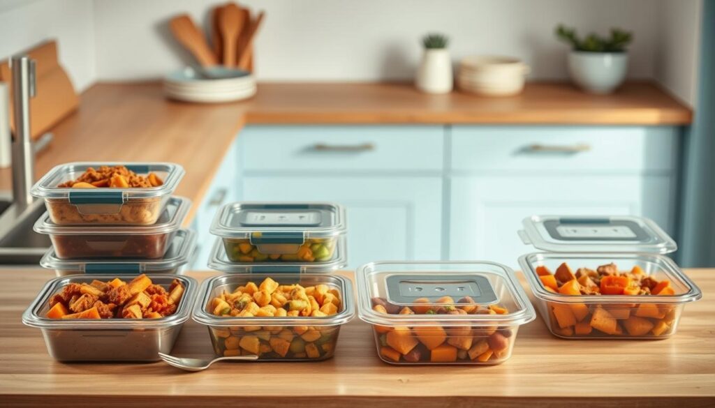 A minimalist kitchen scene with wooden countertops and light blue accents. On the counter, an assortment of freezer-friendly meal prep containers filled with hearty stews, casseroles, and portioned-out servings of roasted vegetables. The containers are arranged neatly, hinting at an organized and practical approach to meal planning. Soft, diffused lighting creates a warm, inviting atmosphere, while the lack of hands suggests a sense of self-sufficiency and independence. The overall composition conveys the idea of a well-stocked emergency backup of delicious, home-cooked meals ready to be quickly reheated and enjoyed.