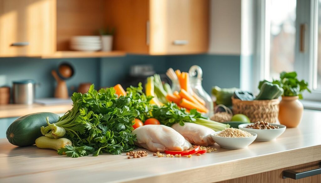 A minimalist kitchen with warm wooden surfaces and soft blue accents. On the counter, an assortment of versatile meal components: crisp vegetables, fresh herbs, juicy chicken breasts, and a variety of grains and legumes. The lighting is natural, filtering in through a nearby window, casting a gentle glow over the ingredients. The arrangement is clean and organized, inviting the viewer to envision the countless meal possibilities these humble components can create. A sense of simplicity and potential permeates the scene, capturing the essence of prepping for a week of easy, delicious dinners.