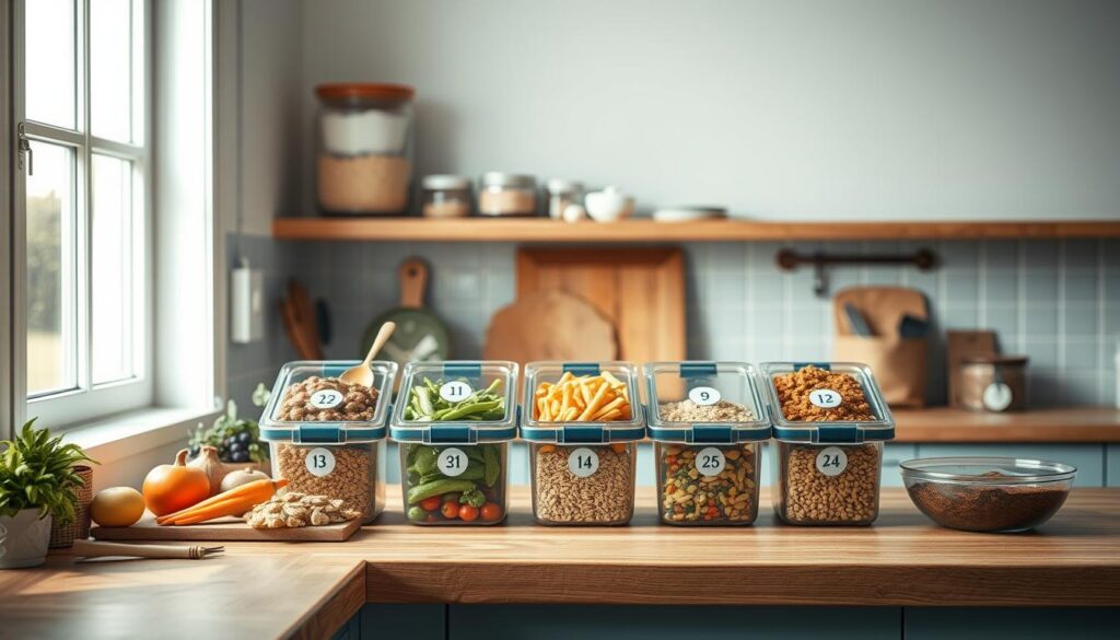 A modern, minimalist kitchen bathed in soft, natural light. On a wooden countertop, neatly arranged containers hold various ingredients - vegetables, grains, and spices. Step-by-step visuals guide the preparation of several meals, each dish labeled with a number. Efficiency is the focus, with clean lines, balanced compositions, and a serene atmosphere to inspire culinary exploration. The kitchen's light blue accents add a calming touch, inviting the viewer to embark on a journey of batch cooking and teaching moments.