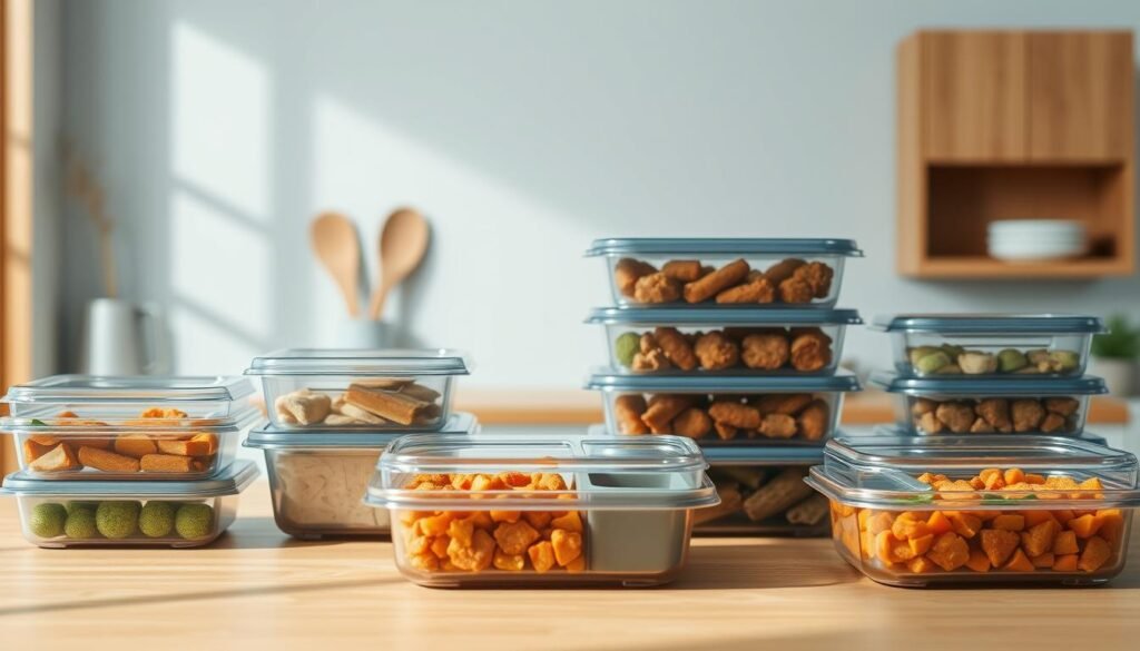 A modern, minimalist kitchen filled with warm, wooden textures and light blue accents showcases a collection of high-quality meal prep containers. Sleek, rectangular containers with tight-fitting lids sit neatly on a wooden counter, their transparent design allowing a glimpse of the meals within. The containers feature a variety of compartments, some with dividers, enabling organized, portion-controlled meals. Soft, directional lighting casts a gentle glow, highlighting the containers' practical features and premium materials. The overall scene conveys a sense of efficiency, organization, and a thoughtful approach to meal preparation.