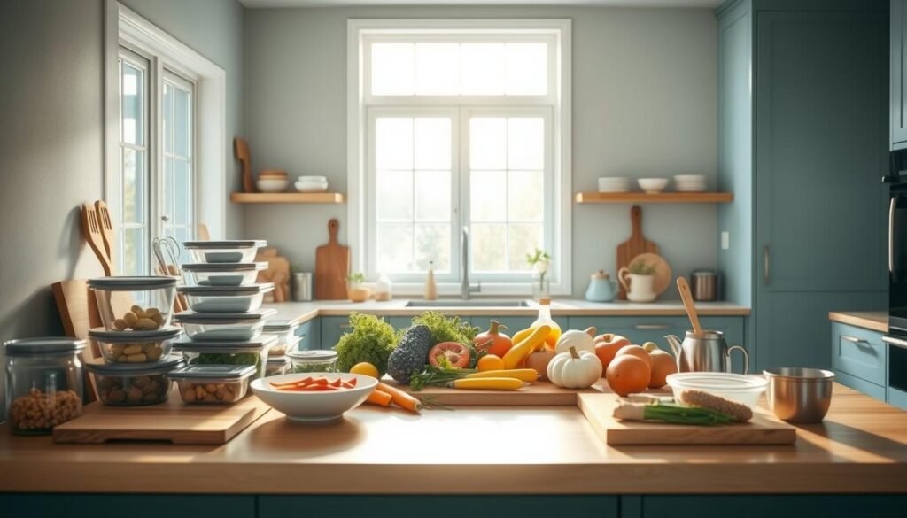 A modern, minimalist kitchen in soft blues and natural wood tones. On the countertop, an assortment of meal prep containers, chopping boards, and kitchen tools stand ready. Sunlight filters in through large windows, casting a warm, inviting glow. In the center, a variety of fresh, wholesome ingredients are arranged, hinting at the delicious, time-saving meals that can be prepared here. The scene conveys a sense of organization, efficiency, and the peaceful satisfaction of thoughtful meal preparation.