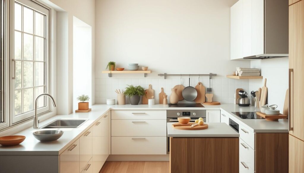 A modern, minimalist kitchen setup with clean, organized workspaces. Sleek, white cabinets and light wood accents create a warm, inviting atmosphere. The countertops are clear, with a carefully arranged collection of essential cooking tools and ingredients. Soft, natural lighting filters in through large windows, casting a gentle glow over the scene. The overall impression is one of efficiency, simplicity, and a thoughtful approach to meal preparation. No human figures are present, allowing the viewer to focus on the carefully curated kitchen layout.