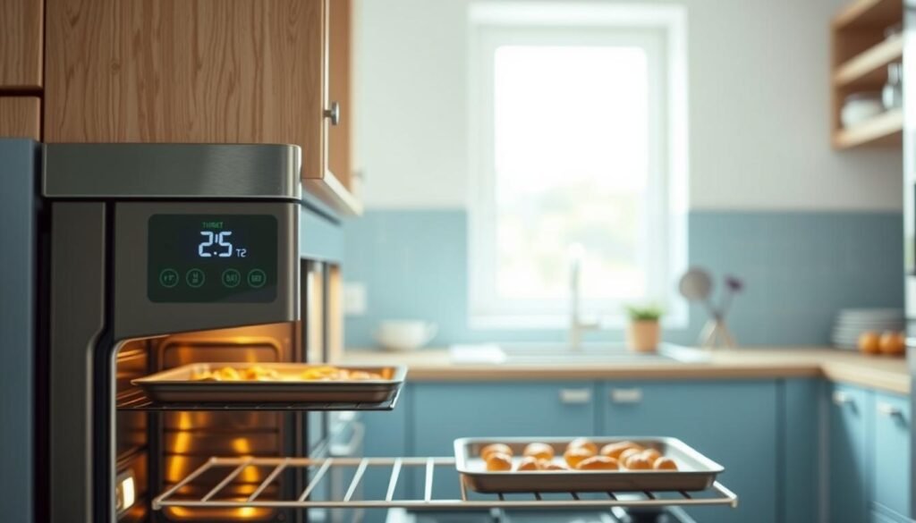 A modern, minimalist kitchen with light blue accents and natural wooden textures. In the foreground, an oven with a sleek digital temperature control panel, its LCD display showing the current and target temperatures. The oven's interior is visible through a transparent glass door, revealing a neatly arranged sheet pan with perfectly browned contents. Soft, diffused lighting illuminates the scene, creating a warm, inviting atmosphere. In the background, a window allows natural daylight to filter in, casting a gentle glow over the entire space. The image conveys a sense of efficiency and attention to detail in oven temperature management for energy-saving meal preparation.