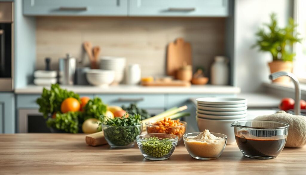 A modern, minimalist kitchen with light blue accents and wooden textures. On the countertop, a selection of fresh ingredients - vegetables, herbs, spices, and a stack of bowls. In the foreground, a few simple, quick-to-prepare recipes are displayed, their ingredients measured and ready to be combined. The lighting is soft and natural, reflecting the mood of a last-minute, wholesome dinner. The scene conveys a sense of ease and efficiency, perfect for busy weeknights when a nourishing meal is needed without much fuss.