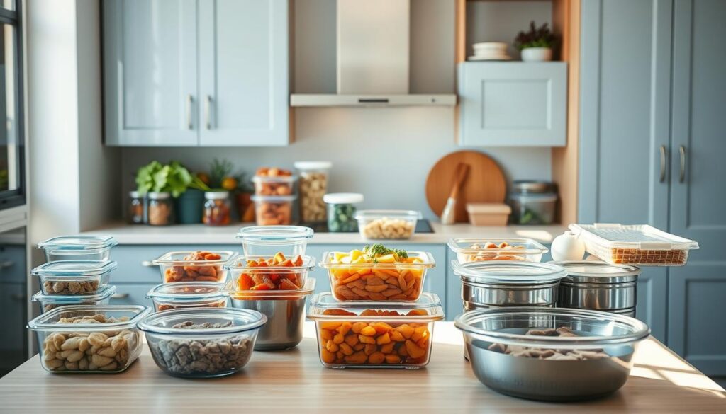 A modern, minimalist kitchen with light blue cabinets and natural wood accents. On the counter, an array of glass containers and stainless steel bowls filled with various ingredients for homemade freezer meals - hearty stews, casseroles, and marinated meats. Sunlight streams in through the large windows, casting a warm glow over the organized workspace. The scene conveys a sense of efficiency and culinary inspiration, perfect for planning ahead nutritious family dinners.