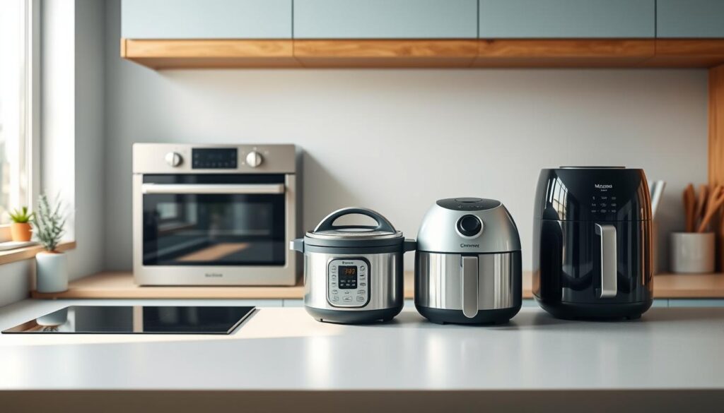 A modern, minimalist kitchen with warm wooden accents and light blue cabinetry. On the countertop, an array of energy-efficient cooking tools arranged artfully - a sleek induction cooktop, a high-tech convection oven, a programmable slow cooker, and a compact air fryer. Soft, natural lighting filters in, casting a gentle glow on the streamlined, sustainable appliances. The scene evokes a sense of effortless efficiency, with each tool designed to optimize kitchen energy use without compromising performance or aesthetics.
