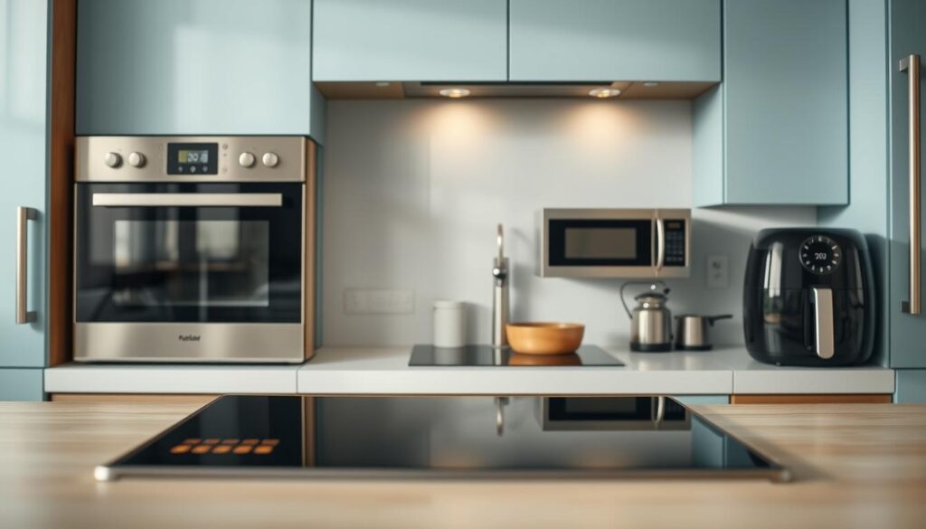 A modern, well-equipped kitchen with sleek stainless steel appliances against a backdrop of light blue cabinetry and wooden accents. In the foreground, a minimalist induction cooktop and convection oven emit a subtle glow, while a high-powered microwave and precision air fryer sit nearby, ready to streamline the reheating process. Soft, even lighting illuminates the scene, creating a cozy, inviting atmosphere perfect for savoring flavorful, reheated meals.