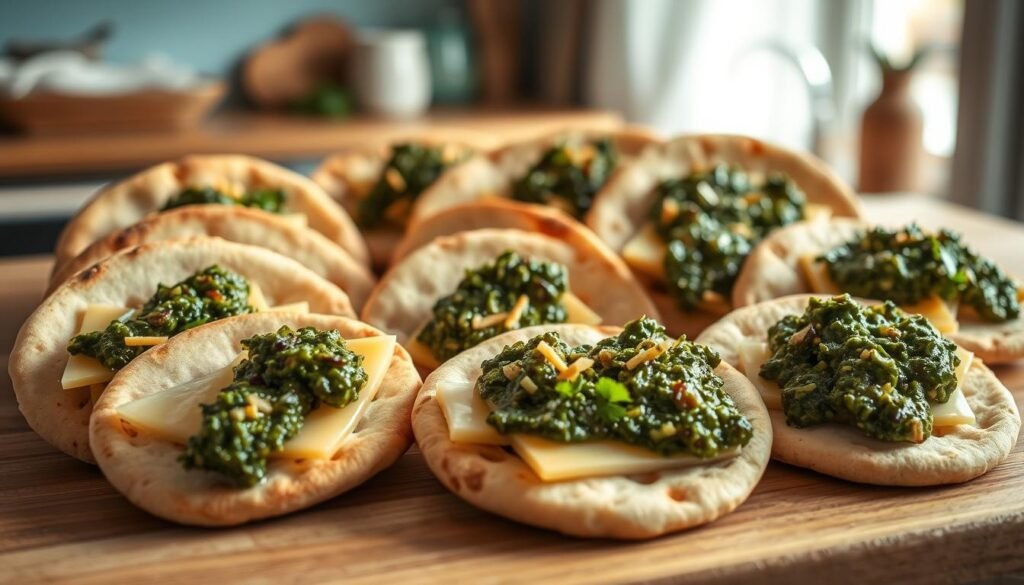 A mouthwatering assortment of freshly baked pita bread, sliced and arranged in an elegant display. The pitas are generously topped with a vibrant, glistening pesto, complemented by the rich, creamy texture of melted cheddar cheese. The composition is set against a backdrop of a cozy, minimal kitchen, with warm wooden tones and soft blue accents, creating a harmonious and inviting atmosphere. The lighting is soft and natural, highlighting the diverse textures and colors of the ingredients, inviting the viewer to imagine the satisfying crunch and savory flavors of this creative culinary creation.