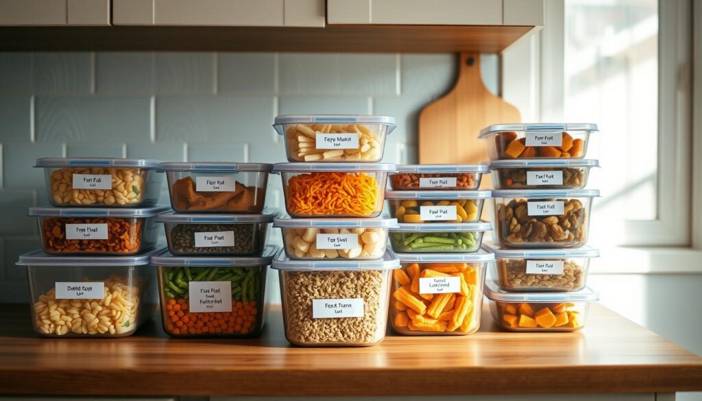 A neat array of neatly labeled plastic containers filled with various homemade freezer meals, arranged on a wooden kitchen counter against a light blue backsplash. Soft, natural lighting from a nearby window illuminates the scene, casting gentle shadows and highlighting the textures of the containers and kitchen surfaces. The composition is balanced and visually appealing, conveying a sense of organization and preparedness for unexpected family dinners.