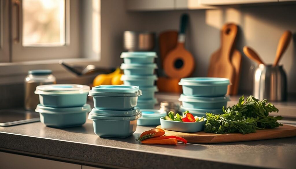 A neat, organized kitchen counter with various meal prep containers, fresh produce, and cooking utensils arranged in a visually appealing manner. The warm, natural lighting casts a soft glow, creating a calming atmosphere. In the foreground, compact, stackable meal containers in pastel blue hues stand ready to be filled with healthy, time-saving lunches. Nearby, a cutting board hosts sliced vegetables and herbs, the perfect ingredients for quick, nutritious office meals. The overall scene conveys efficiency, simplicity, and a mindful approach to meal preparation for busy professionals.