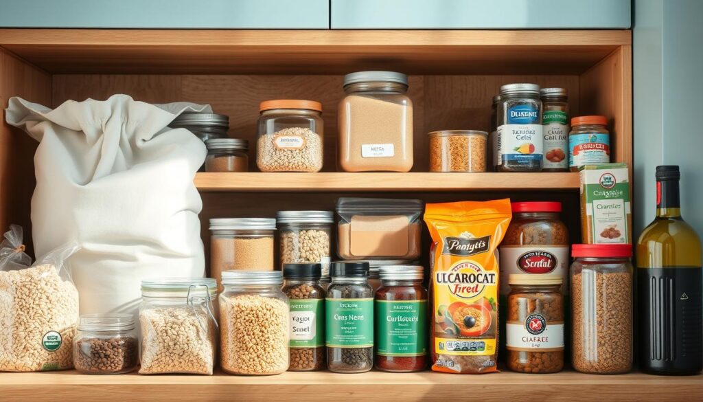 A neatly arranged assortment of essential pantry items for meal prep, including a variety of grains, beans, spices, olive oil, and canned goods, against a backdrop of natural wood shelves and light blue accents. The items are presented in a clean, minimalist style, with soft, warm lighting illuminating the scene. The camera angle is slightly elevated, providing a comprehensive view of the well-stocked pantry, conveying a sense of organization and preparedness for successful batch cooking.