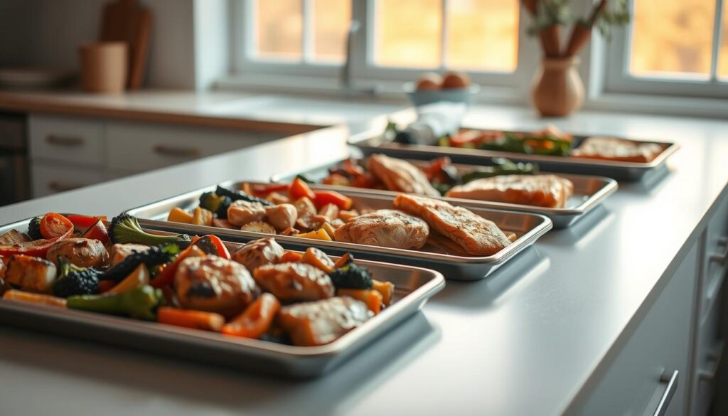 A neatly arranged assortment of sheet pan meals, including roasted vegetables, juicy chicken thighs, and tender salmon fillets, all bathed in a warm, golden light that filters through a large window. The pans are set against a backdrop of clean, minimalist kitchen countertops in soothing shades of light blue, complemented by natural wooden accents. The overall scene conveys a sense of effortless, wholesome nourishment - the perfect illustration for 
