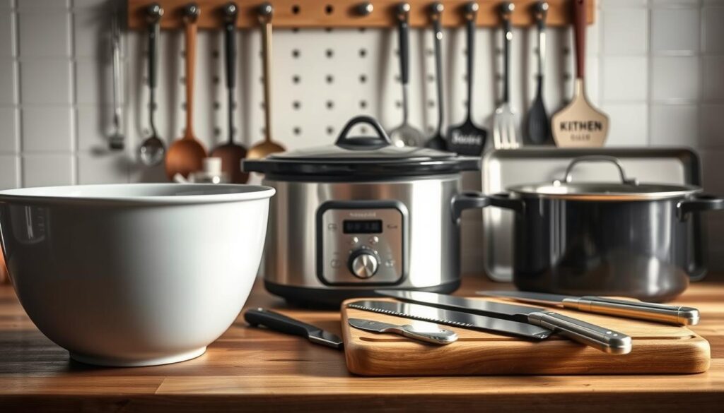 A neatly arranged collection of essential bulk cooking tools sits atop a wooden kitchen counter, bathed in soft, natural light. In the foreground, a large mixing bowl, a sturdy cutting board, and a set of high-quality stainless steel knives gleam. In the middle ground, a slow cooker, a heavy-duty stockpot, and a baking sheet stand ready for action. The background features a minimalist pegboard holding a variety of utensils, from ladles to spatulas, all within easy reach. The overall scene conveys a sense of efficiency, organization, and a well-equipped kitchen prepared for large-scale meal preparation.
