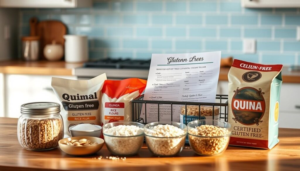 A neatly arranged gluten-free shopping list rests on a wooden kitchen counter, its items clearly visible against the light blue backsplash. Various gluten-free ingredients, such as quinoa, rice flour, and certified gluten-free oats, are displayed in the foreground, showcasing the diverse options available for a celiac-friendly meal prep. The lighting is soft and natural, casting a warm glow across the scene, conveying a sense of comfort and ease. The overall atmosphere is one of organization and thoughtfulness, perfectly suited for the 
