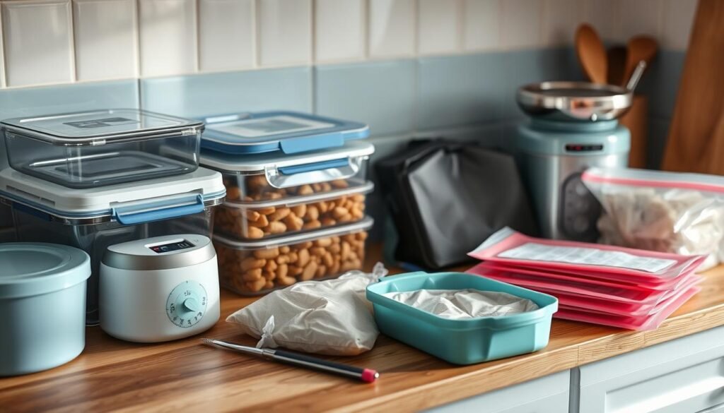 A neatly arranged selection of essential freezer meal prep tools, including a set of glass food storage containers, a vacuum sealer, a label maker, a food scale, and a variety of reusable silicone bags, all displayed on a wooden kitchen counter with light blue accents. The tools are illuminated by soft, natural lighting, casting gentle shadows and creating a calming, organized atmosphere that emphasizes the importance of these items for effective freezer meal preparation.