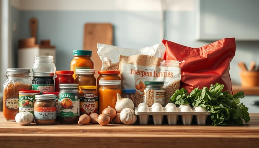 A neatly arranged selection of pantry staples for quick, wholesome meals sits atop a wooden kitchen counter, bathed in soft, natural light. In the foreground, a variety of canned goods, jars of sauces and spices, bags of grains, and a carton of eggs create a visually appealing and organized display. The middle ground features a mix of fresh produce, such as onions, garlic, and leafy greens, hinting at the versatility of these ingredients. The background subtly suggests a cozy, minimal kitchen with light blue accents, creating a warm and inviting atmosphere. The composition emphasizes the accessibility and simplicity of these pantry staples, perfectly suited for the 