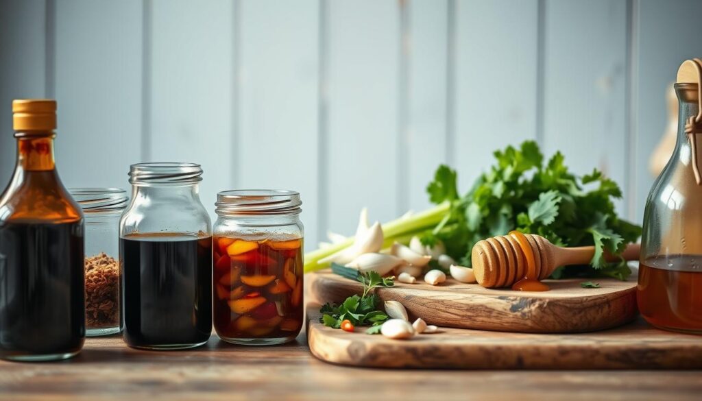 A neatly arranged selection of stir fry sauce ingredients in a cozy, minimalist kitchen. In the foreground, gleaming glass jars containing soy sauce, rice vinegar, sesame oil, and a fragrant blend of spices and aromatics like garlic, ginger, and chili peppers. In the middle ground, a weathered wooden board with freshly chopped scallions, cilantro, and a squeeze bottle of honey. The background features soft blue-grey walls and natural wood textures, creating a warm, inviting atmosphere. Soft, diffused lighting gently illuminates the scene, highlighting the vibrant colors and textures of the ingredients. The overall composition conveys a sense of simplicity, quality, and the promise of delicious, homemade flavors.