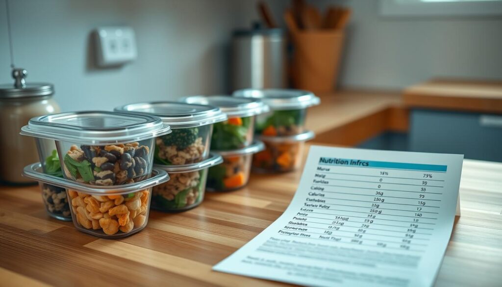 A neatly arranged set of meal prep containers sits on a wooden kitchen counter, their contents meticulously displayed. Beside them, a clean, minimal nutritional information chart outlines the macros and calories per serving, its soft blue accents complementing the warm tones of the wooden surfaces. The lighting is soft and diffused, creating a calming atmosphere that invites closer inspection of the carefully balanced meals and their detailed nutritional breakdown.