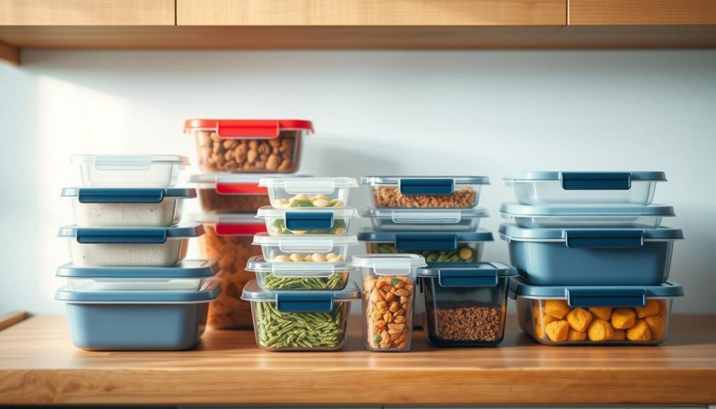 A neatly arranged set of meal prep storage containers in a variety of sizes, shapes, and colors sits on a wooden kitchen counter. The containers are made of durable, transparent materials that allow the contents to be easily visible. The lighting is soft and natural, creating a warm, inviting atmosphere. The background features a minimalist, light blue-accented wall, complementing the wooden textures and creating a cozy, organized ambiance. The image conveys a sense of efficiency and preparedness, reflecting the 