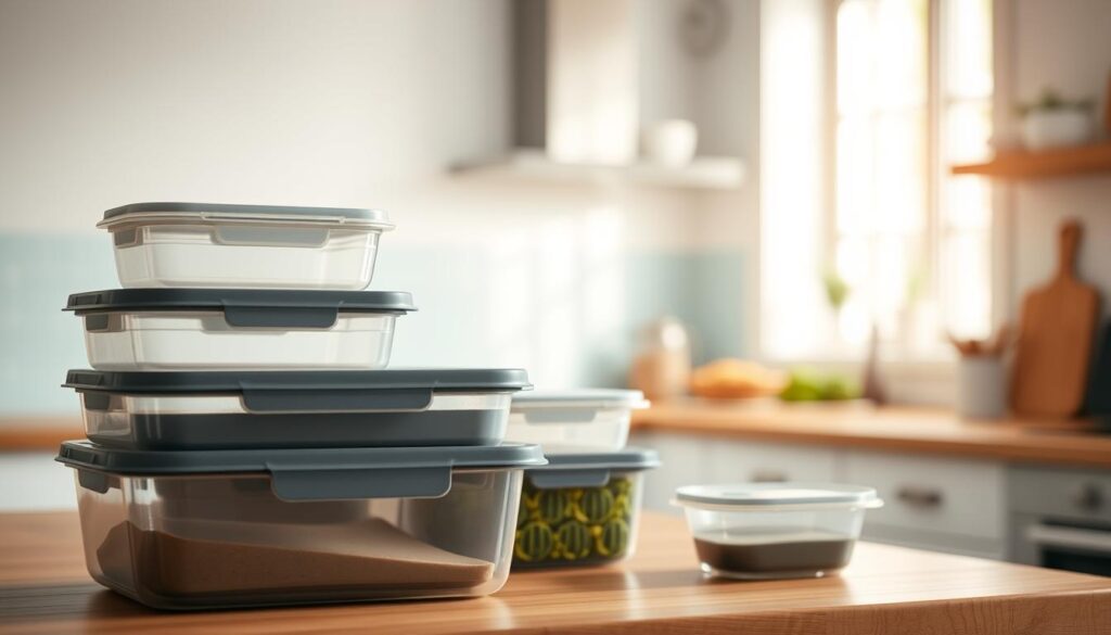 A neatly arranged set of modern, stackable meal prep containers in various sizes and colors sit atop a minimalist wooden kitchen counter. The containers have tight-fitting lids and are made of durable, BPA-free plastic. Soft, natural lighting filters in through a nearby window, casting a warm glow on the scene. The containers are positioned in the foreground, with a blurred, light blue-accented kitchen visible in the background, creating a serene and organized atmosphere suitable for batch cooking and meal preparation.