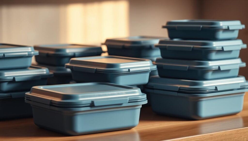 A neatly arranged set of rectangular meal prep containers in various shades of blue, with tight-fitting lids, sits on a wooden kitchen counter. The containers are illuminated by warm, diffused lighting, casting soft shadows. The scene conveys a sense of organization and efficiency, reflecting the need to maintain the quality of 