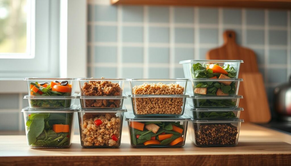 A neatly arranged set of rectangular meal prep containers on a wooden kitchen counter, filled with an assortment of vibrant vegetarian dishes - roasted vegetables, quinoa, lentil salad, and fresh greens. Soft, natural lighting from a nearby window casts a warm glow, highlighting the textures and colors. The containers are stacked with care, complemented by a minimalist, light blue backsplash that adds a calming aesthetic. The overall scene conveys a sense of organization, healthfulness, and a thoughtful approach to vegetarian meal preparation.