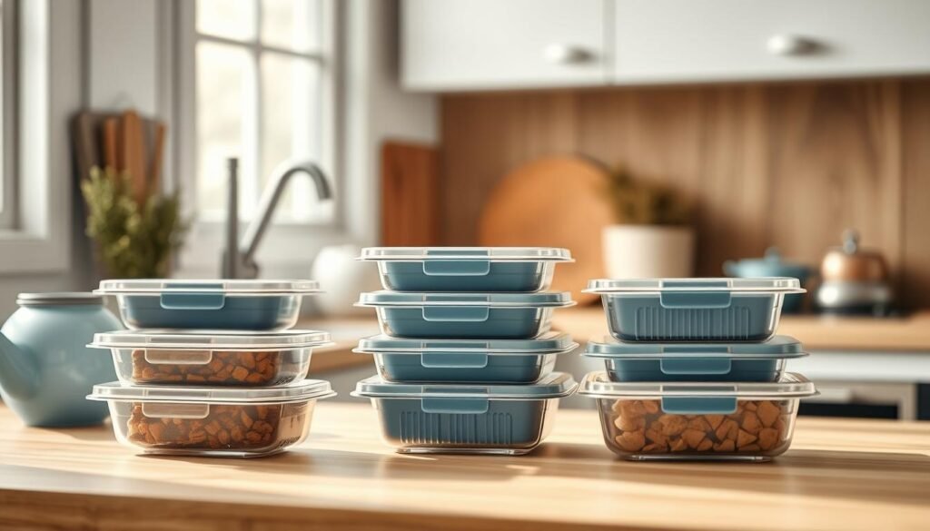 A neatly arranged set of safe meal prep containers in a cozy, minimal kitchen with warm wooden textures and light blue accents. The containers are made of durable, BPA-free plastic with tight-fitting lids, designed for easy reheating and storage. The containers are presented in an inviting, organized manner, hinting at a well-planned meal prep routine. Soft, diffused lighting from a window casts a gentle glow, creating a serene, appealing atmosphere. The image conveys a sense of efficiency, health-consciousness, and culinary preparedness.