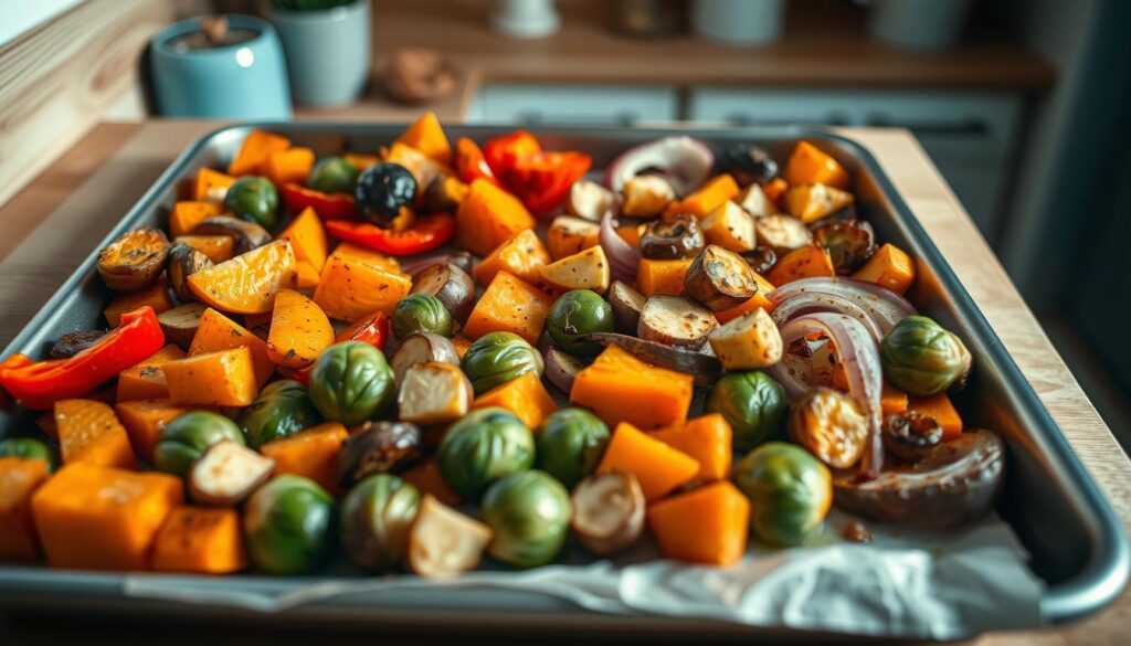 A neatly arranged sheet pan with an assortment of roasted vegetables, including Brussels sprouts, sweet potatoes, bell peppers, and red onions, glistening with a light coating of olive oil. The pan is set against a backdrop of a cozy, minimal kitchen with wooden textures and light blue accents, creating a warm and inviting atmosphere. The lighting is soft and diffused, casting a gentle glow over the scene, emphasizing the vibrant colors and textures of the dishes. The camera angle is slightly elevated, providing a clean, unobstructed view of the sheet pan and the surrounding kitchen details.