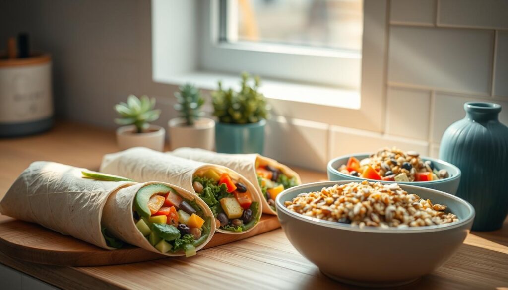A neatly arranged spread of vibrant vegan wraps and hearty grain bowls rests on a wooden kitchen counter, bathed in soft, natural light streaming through the window. The wraps feature a rainbow of fresh vegetables, luscious avocado, and creamy hummus, while the bowls overflow with fluffy quinoa, roasted vegetables, and crunchy seeds. Potted succulents and a minimalist blue ceramic vase add touches of greenery and color, creating a clean, inviting atmosphere perfect for a quick, nutritious meal on-the-go.