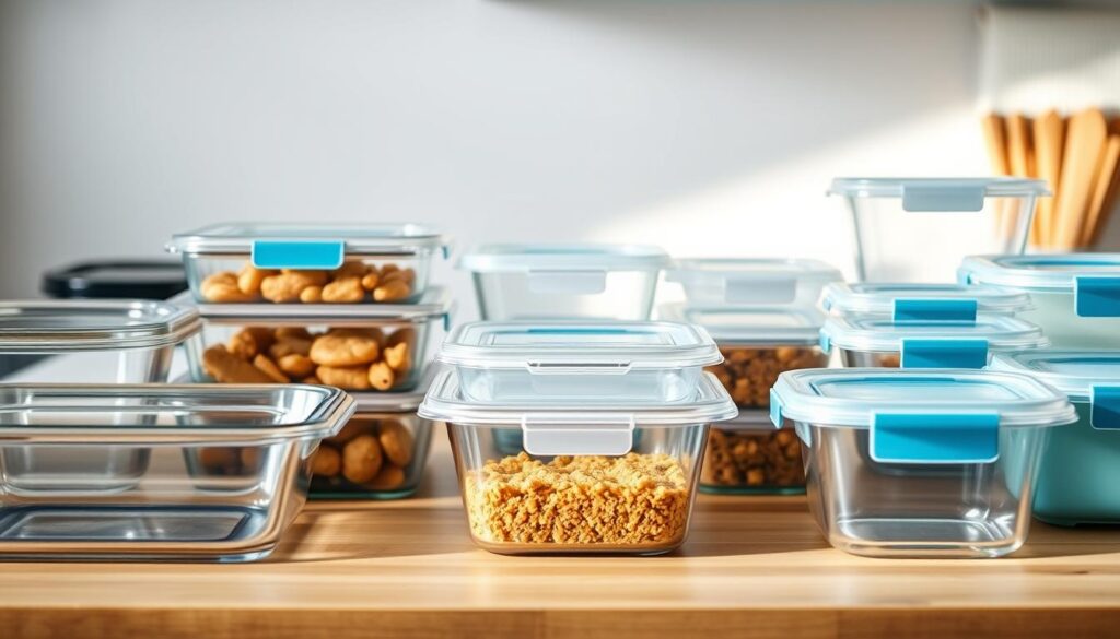 A neatly arranged still life of various storage containers for meal prep, meticulously positioned on a wooden kitchen counter with light blue accents. The containers range from rectangular glass dishes to round plastic containers with snap-on lids, all gleaming under the soft, diffused lighting. The scene exudes a sense of organization and efficiency, perfectly capturing the 