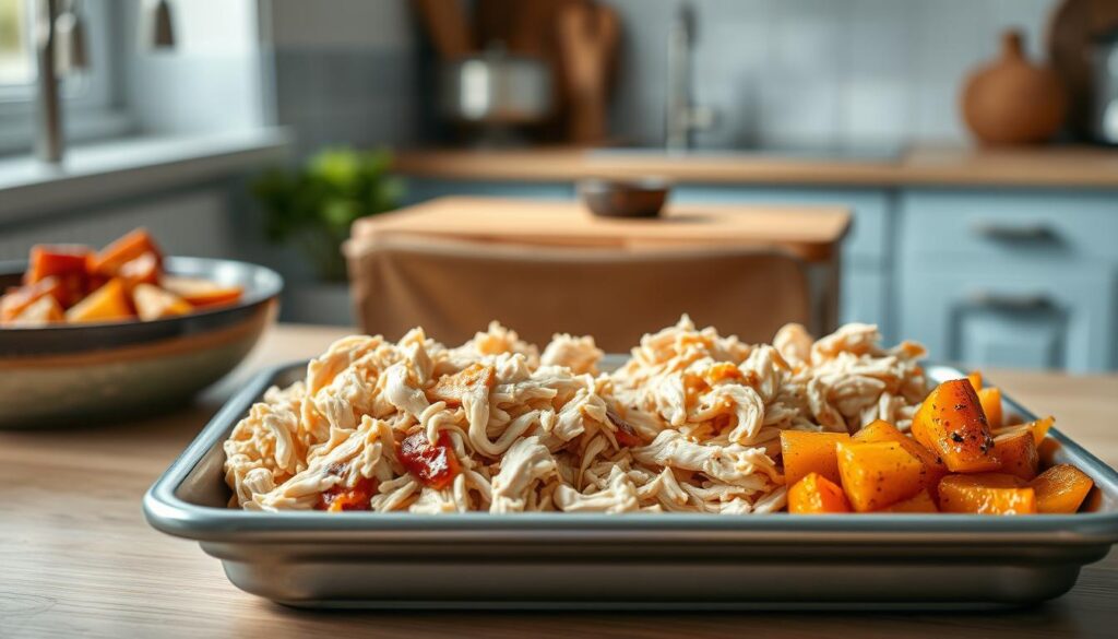 A neatly arranged tray of freshly pulled chicken breasts, shredded and glistening with a light coat of flavorful sauce, accompanied by a side of tender roasted vegetables, all set against the backdrop of a cozy, minimalist kitchen with light blue accents and warm wooden textures. The scene is bathed in soft, even lighting, captured from a slightly elevated angle to showcase the meal prep components in an appetizing and visually appealing manner.