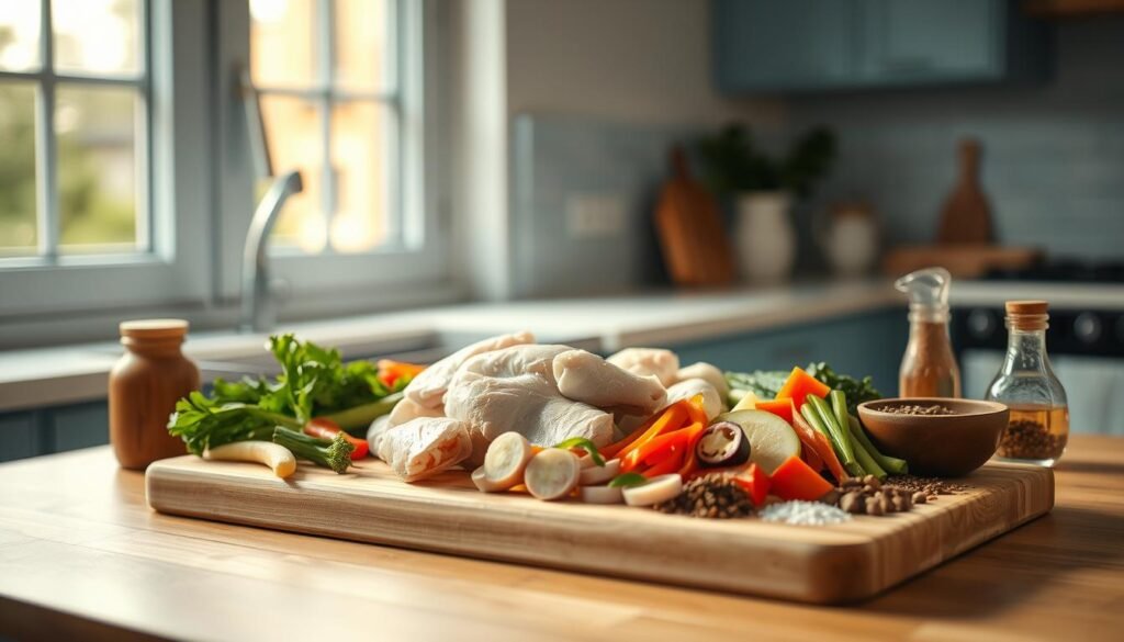 A neatly arranged wooden cutting board showcases a collection of fresh chicken, sliced vegetables, and a variety of seasonings, ready for a delicious stir-fry. The scene is bathed in warm, natural light filtering through a large window, casting a soft glow on the ingredients. The minimalist kitchen, adorned with light blue accents, provides a clean and inviting backdrop, hinting at the simple yet flavorful meal to come. Meticulously prepared, this mise en place captures the essence of a quick and easy family dinner, primed for effortless reheating.