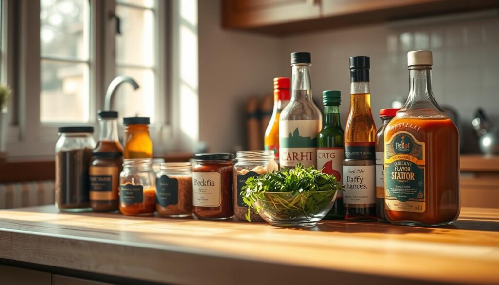 A neatly organized arrangement of various meal flavor enhancers displayed on a wooden kitchen counter, including jars of spices, bottles of sauces and condiments, and a small bowl of fresh herbs. The scene is bathed in warm, natural lighting filtering through a window, creating a cozy and inviting atmosphere. The overall composition emphasizes the versatility and convenience of these essential kitchen staples to elevate the flavor of reheated meals.