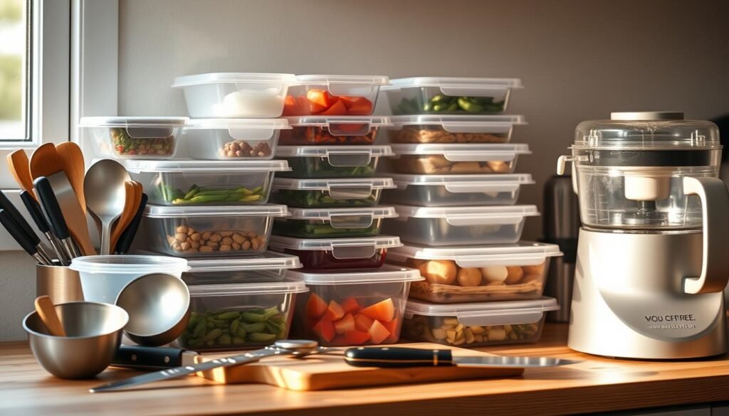 A neatly organized array of meal prep containers in various sizes, shapes, and colors, nestled amidst a collection of cooking tools and utensils. The containers are made of durable, BPA-free plastic, with tight-fitting lids to ensure fresh, flavorful meals. Alongside them, a set of stainless steel measuring cups and spoons, a sharp chef's knife, a wooden cutting board, and a sleek, modern food processor sit on a wooden countertop, bathed in soft, natural lighting filtering in through a nearby window. The overall scene conveys a sense of efficiency, organization, and a commitment to wholesome, homemade cuisine.