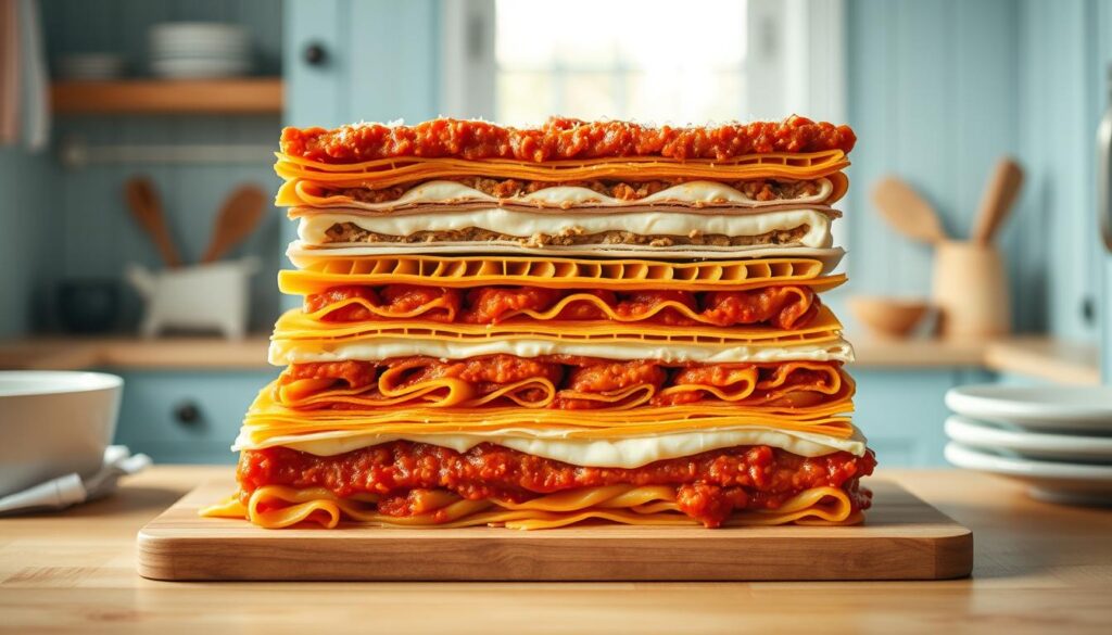 A neatly organized display of lasagna layering techniques, captured in a cozy, minimalist kitchen setting with light blue accents and wooden textures. The image showcases the intricate process of building a perfect lasagna, with each layer of pasta, sauce, cheese, and fillings presented in a visually appealing manner. The lighting is soft and natural, highlighting the rich colors and textures of the ingredients. The camera angle is positioned to provide a clear, step-by-step view of the layering process, allowing the viewer to fully understand the techniques involved in crafting a delicious and well-structured lasagna.