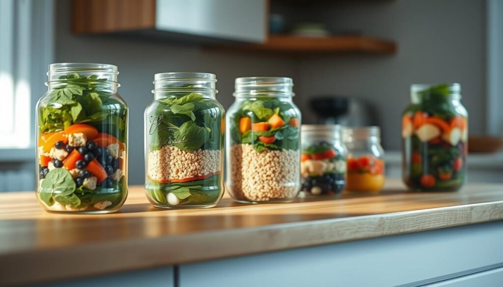 A neatly organized display of mason jar salads sits on a wooden kitchen counter, illuminated by soft, natural light filtering through a nearby window. The jars, in varying shades of green, blue, and red, are filled with freshly chopped vegetables, grains, and vibrant dressings, creating a visually appealing and healthy meal prep solution. The overall scene exudes a sense of simplicity and intentionality, with a minimal, calming aesthetic that complements the nourishing contents of the jars.